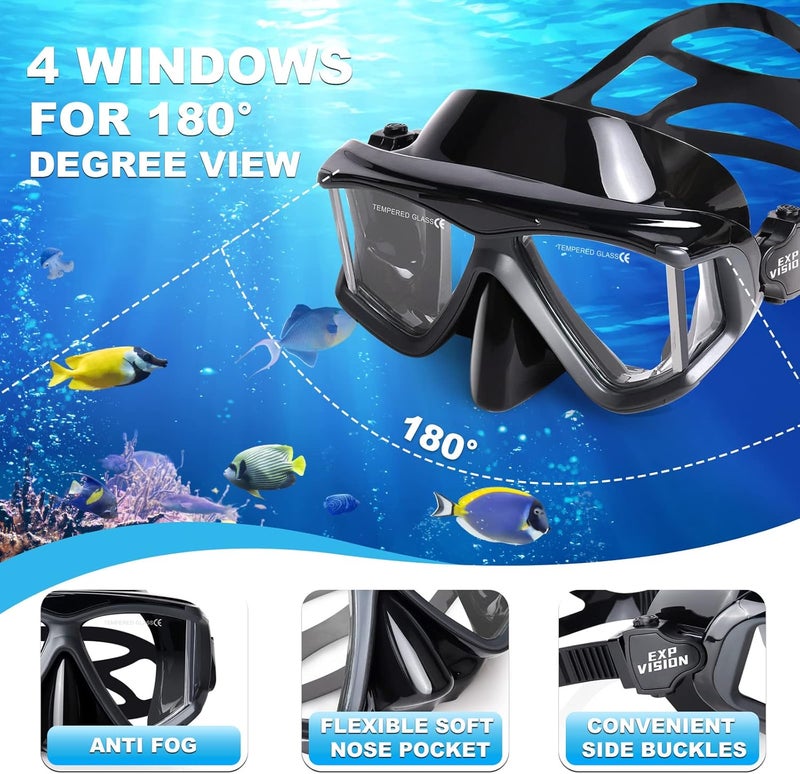 EXP VISION Snorkel Set Pano 4 Adult Snorkeling Gear, Professional Anti-Fog Snorkel Mask Dry Top Snorkel, Tempered Glass Scuba Diving Mask for Freediving, Snorkeling and Swimming - Image 2
